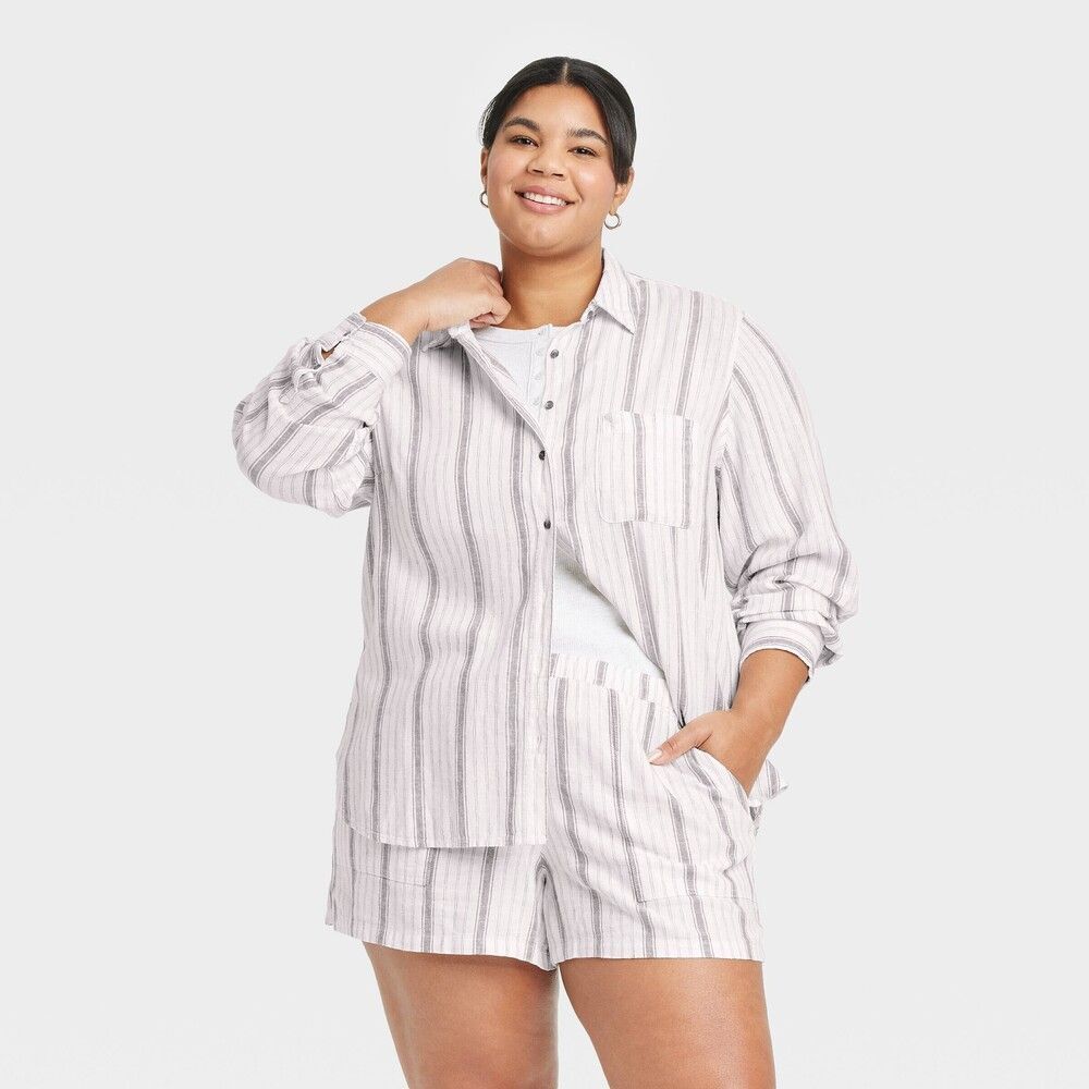 Universal Threads Large Linen Button-Down Shirt - Gray/White Striped L